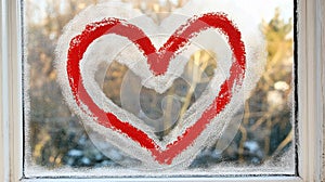 Red heart drawn on frosty winter window