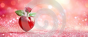 Red heart with droplets of water and a bud of a red rose sprouted from the heart. Concept of love, Valentine's Day holiday