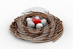 Red heart and eggs in a bird nest