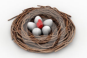 Red heart and eggs in a bird nest