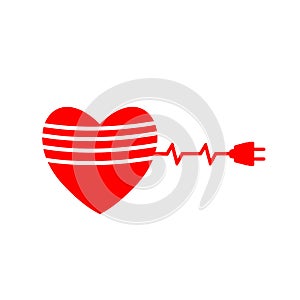 Red Heart with electric plug icon isolated on white background