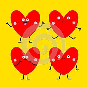 Red heart emoji icon set. Cute hearts with eyes, smiling sad face head hands legs. Happy Valentines Day. Kawaii cartoon character