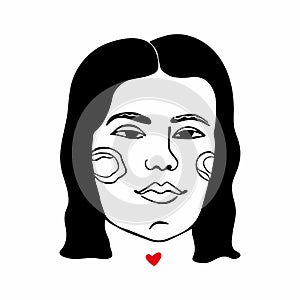 Red heart, face of a beautiful girl black and white illustration, avatar is isolated on a white background.