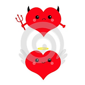 Red heart face head icon set. Devil Angel Evil amour. Trident horn wing nimbus. Cute cartoon kawaii character. Happy Valentines da