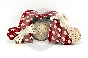 Red Heart family with white and brown bows on white background