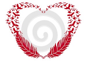 Red heart with feathers and flying birds, vector