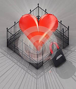 Red heart fence with padlock locked concept