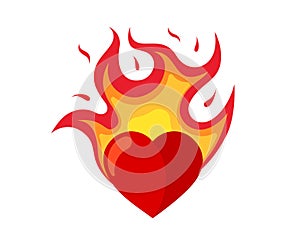 Red heart in fire icon. Flaming love symbol. Valentines day card. Burning sign for sticker or logo. Vector isolated