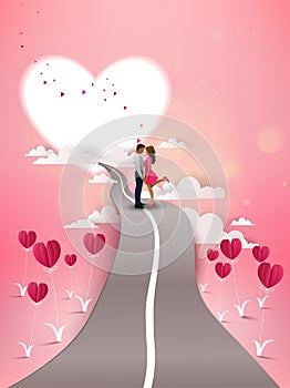 Red heart flower on pink background with couple kissing on road