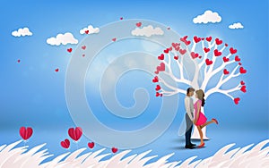 Red heart flower on pink background with couple kissing under l