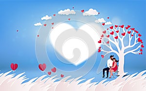 Red heart flower on pink background with couple kissing under l