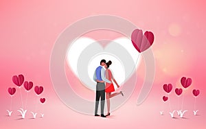 Red heart flower on pink background with sweet couple on honeym