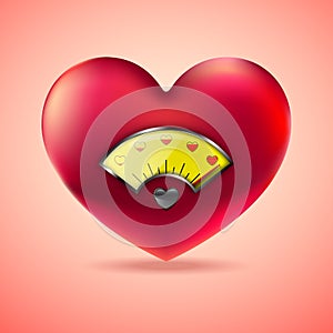 Red heart with fuel gauge, Love heart indicator, Measuring love icon.