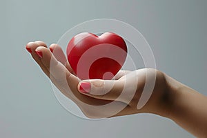 A red heart gently cradled in a hand with matching red nail polish. Generative AI