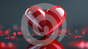 Red heart with glitter and reflections on dark surface