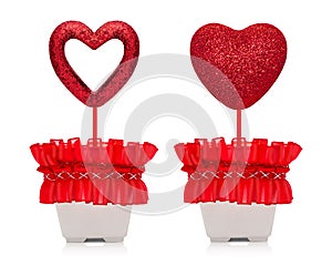 Red heart with glitter texture in pots isolated on white background. Valentines gift.