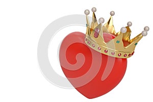 Red heart with golden crown on white background.3D illustration.