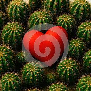 A red heart among green cacti.