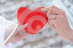 Red heart in the hands of the bride and groom close up