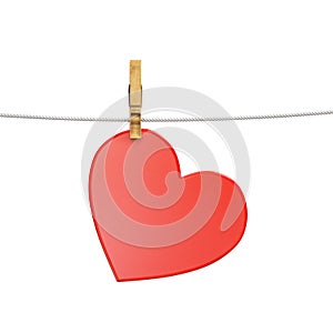Red heart hanging on rope with clothespins, isolated on white, romantic message