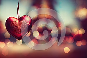 a red heart hanging from a string with a blurry background of lights in the background and a building in the distance