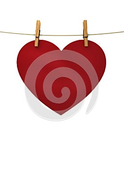 Red heart hanging on a string pinned clothespins, a concert for