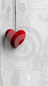 A red heart hanging from a string on a white wall