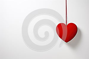 A red heart hanging from a string on a white wall