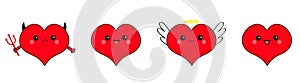 Red heart head face emotion icon set line. Devil Angel Evil Amour. Trident horn wing nimbus. Cute cartoon kawaii character. Happy