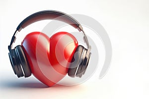 Red heart in headphones on a light background. Space for text.