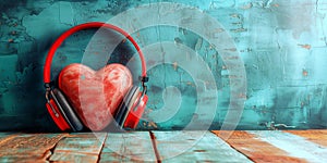 Red heart with headphones, world music day, listening to global sound and acoustic wave, love and emotion