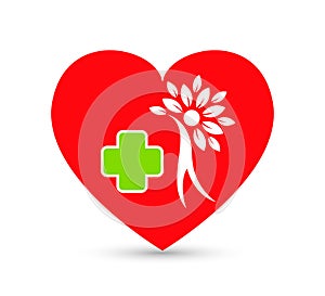 Red heart with healthcare sign vector icon. People logo.