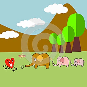 The red heart and herd elephants in the forest