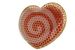 Red heart in hexagonal golden mesh.3D illustration