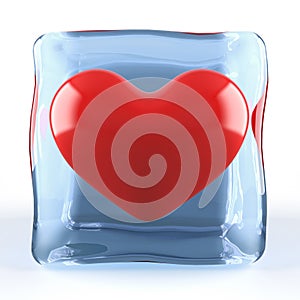 Red heart in ice cube
