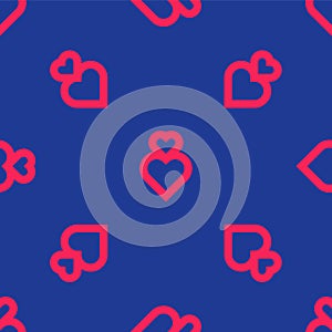 Red Heart icon isolated seamless pattern on blue background. Romantic symbol linked, join, passion and wedding. Happy