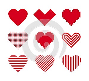 Red heart icons. Vector isolated set of heart set. Love symbol elements. Stock vector