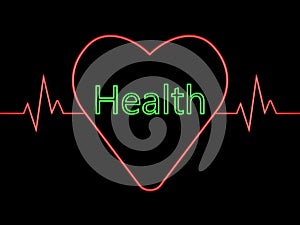 Red heart with inscription `Health` in center. Graphic illustration on black background