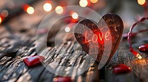 A red heart with the inscription I love you illuminated by many lights