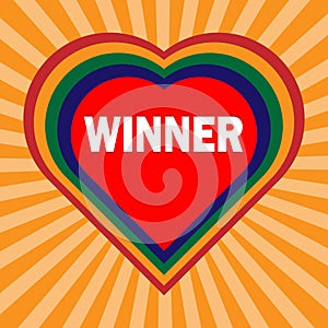 Red heart with inscription WINNER on orange rays background