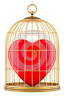 Red heart inside birdcage, 3D rendering