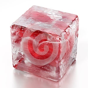 Red heart inside frozen ice cube. 3D illustration