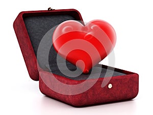 Red heart inside red velvet ringbox. 3D illustration