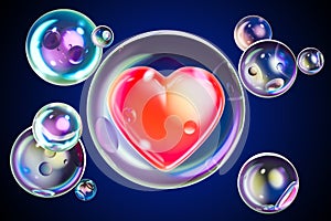 Red heart inside soap bubble, 3D
