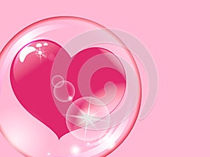 Red heart inside a transparent sphere on a pink background soap bubble