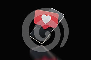 Red heart Like symbol on mobile phone. Social media concept. 3d rendering.