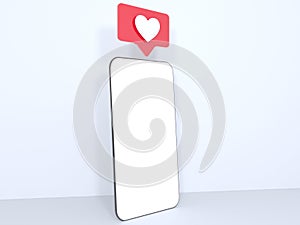 Red heart Like symbols on mobile phone screen. Isolated mobile phone is on white background, 3d rendering. illustration.