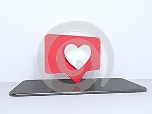 Red heart Like symbols on mobile phone screen. Isolated mobile phone is on white background, 3d rendering. illustration.