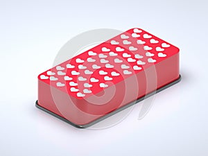 Red heart Like symbols on mobile phone screen. Isolated mobile phone is on white background, 3d rendering. illustration.