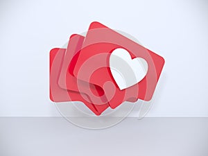 Red heart Like symbols on mobile phone screen. Isolated mobile phone is on white background, 3d rendering. illustration.